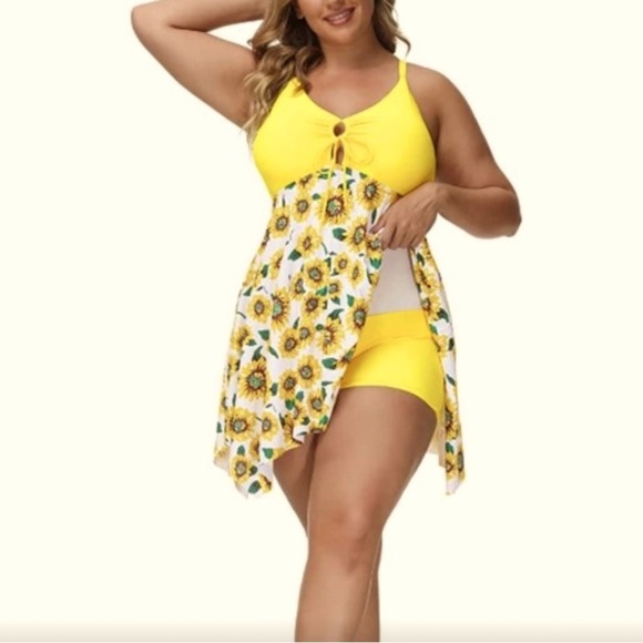 Plus Size Tummy Control One Piece Swimdresses V-Neck - Picture 1 of 7